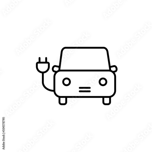 Electric car icon. Electrical automobile cable contour and plug charging black symbol. Eco friendly electro auto vehicle concept. Vector electricity illustration eps 10