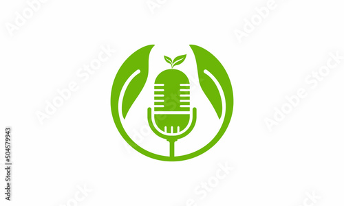 Microphone logo. Microphone with growing leaf tree vector design