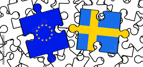 jigsaw puzzle pieces. Welcome Sweden to the European Union and Nato. to join the allianc Swedish flag. solidarity, Ukraine, Russia conflict. Aggression,  military attack, defence. membership..