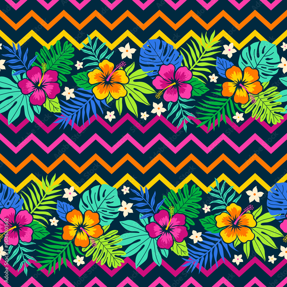 Colorful hibiscus and tropical leaf seamless pattern with zigzag background. Colorful hibiscus and tropical leaf seamless pattern with zigzag background.