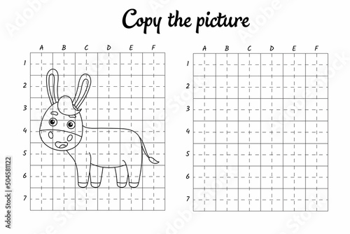 Copy the picture. Draw by grid. Coloring book pages for kids. Handwriting practice, drawing skills training. Education developing printable worksheet. Activity page. Cute cartoon vector illustration.