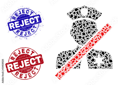 Round REJECT unclean stamps with caption inside circle forms, and shard mosaic closed police officer icon. Blue and red seals includes REJECT caption. Closed police officer mosaic icon of shard items.
