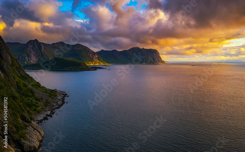 Aerial view of Senja Island in northern Norway at sunset
