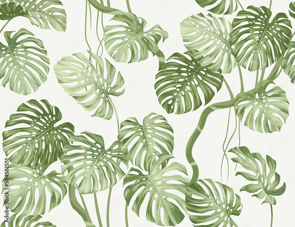Seamless pattern with tropical monstera leaves. Realistic style. Foliage summer background. Exotic plant. Vector illustration. - obrazy, fototapety, plakaty 
