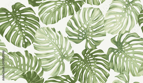 Seamless pattern with tropical monstera leaves. Realistic style. Foliage summer background. Exotic plant. Vector illustration.