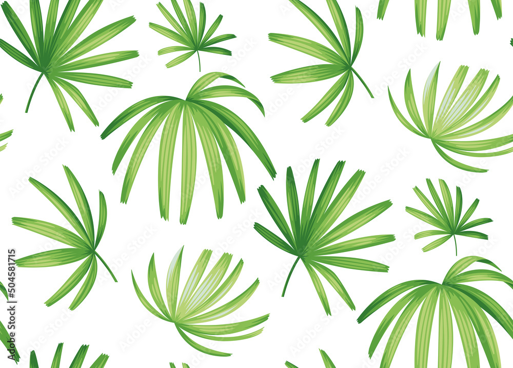 Hawaiian seamless pattern with exotic palm leaves. Tropical plants in realistic style. Foliage design. Vector botanical illustration on a white background. Hawaiian seamless pattern with exotic palm leaves. Tropical plants in realistic style. Foliage design. Vector botanical illustration on a white background.