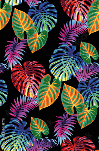 Hawaiian seamless pattern with exotic palm leaves. Tropical plants in realistic style. Foliage design. Vector botanical illustration on a black background.