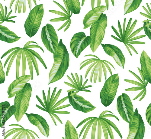 Hawaiian seamless pattern with exotic palm leaves. Tropical plants in realistic style. Foliage design. Vector botanical illustration on a white background.