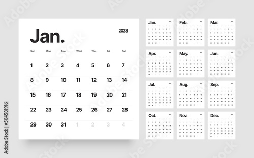 Classic monthly calendar for 2023. Calendar in the style of minimalist square shape. The week starts on Sunday.
