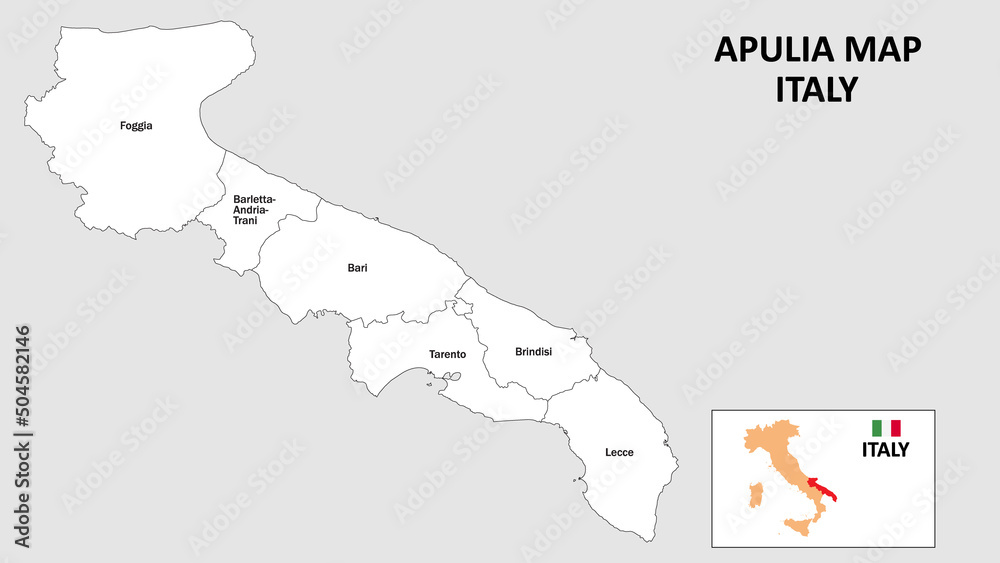 Apulia Map. State and district map of Apulia. Administrative map of Apulia with district and capital in white color.