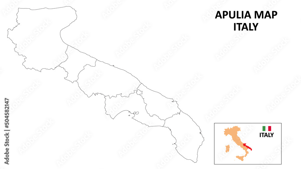 Apulia Map. State and district map of Apulia. Political map of Apulia with outline and black and white design.