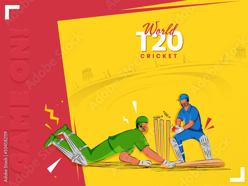 T20 World Cricket Match Game On! Font With Concept Of Run Out Batsman And Wicket Keeper Hitting Ball To Stump On Yellow And Red Playground.