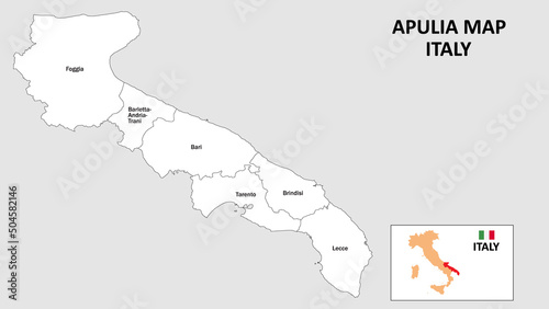 Apulia Map. State and district map of Apulia. Administrative map of Apulia with district and capital in white color.