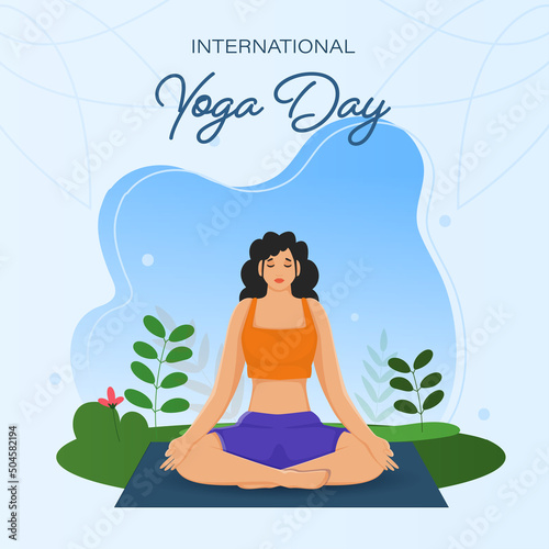 International Yoga Day Concept With Young Lady Meditating At Mat And Floral On Blue Background. photo