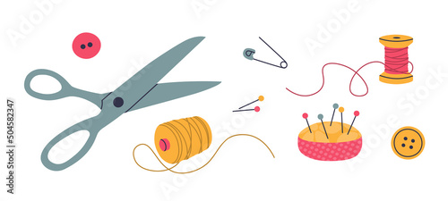 Sewing tools - scissors, thread, pin, needle bar, safety pins and buttons. Vector isolated elements ideal for your design.