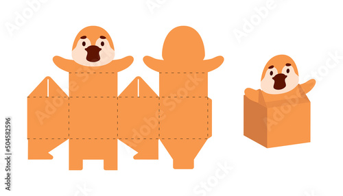 Simple packaging favor box platypus design for sweets, candies, small presents. Party package template for any purposes, birthday, baby shower. Print, cut out, fold, glue. Vector stock illustration