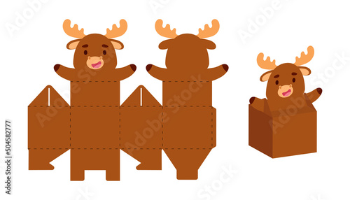 Simple packaging favor box moose design for sweets, candies, small presents. Party package template for any purposes, birthday, baby shower. Print, cut out, fold, glue. Vector stock illustration