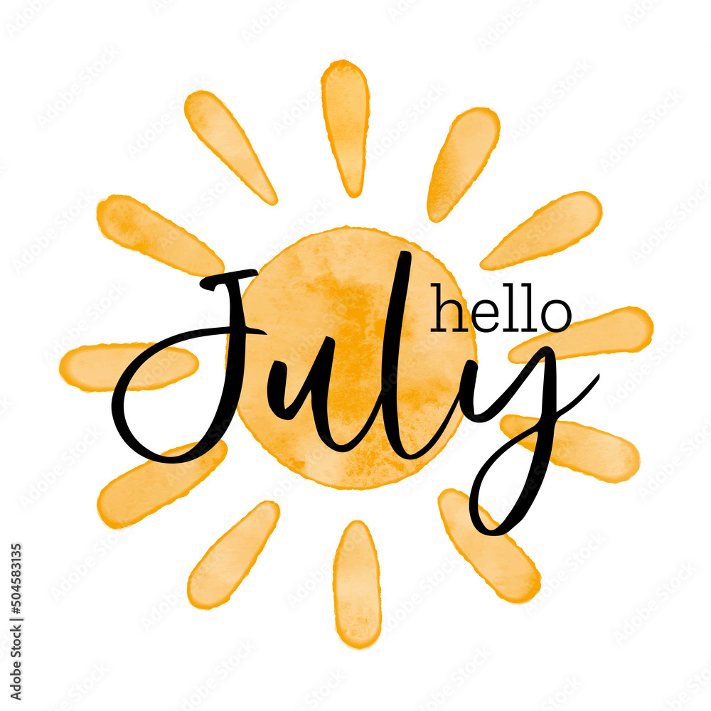 Hello July Watercolor textured simple vector sun icon. Vector
