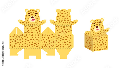 Simple packaging favor box cheetah design for sweets, candies, small presents. Party package template for any purposes, birthday, baby shower. Print, cut out, fold, glue. Vector stock illustration