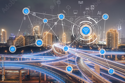 Abstract point and line connection design, big data connection, the technical concept of smart city in the future.