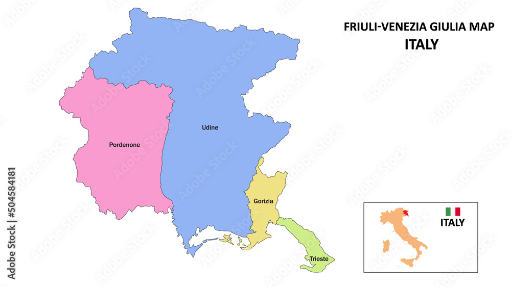 Friuli Venezia Giulia Map. District map of Friuli Venezia Giulia in District map of Friuli Venezia Giulia in color with capital.