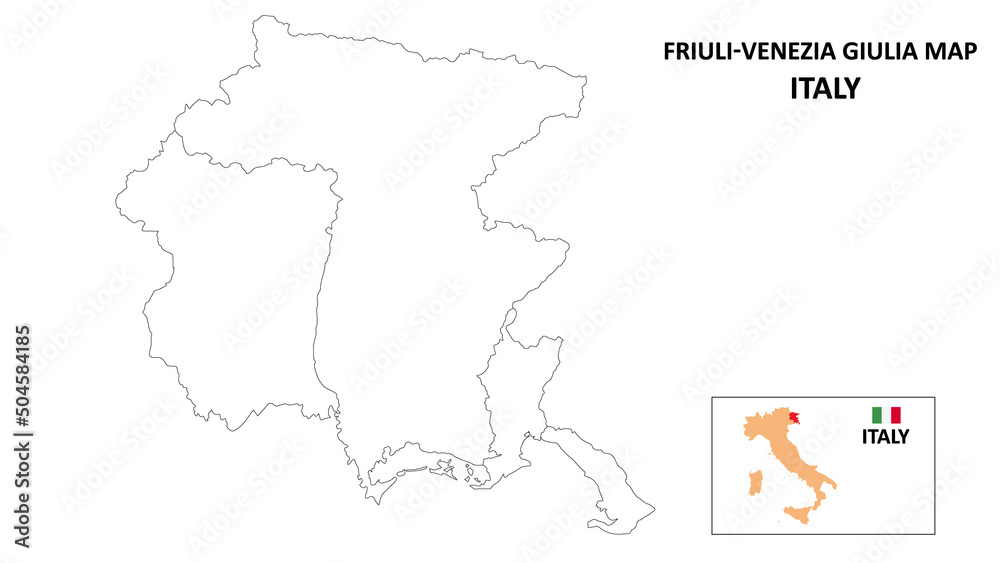 Friuli Venezia Giulia Map. State and district map of Friuli Venezia Giulia. Political map of Friuli Venezia Giulia with outline and black and white design.