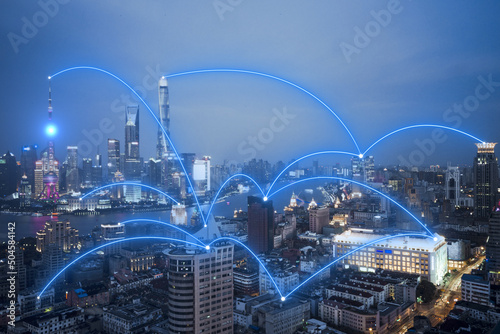 Smart city and abstract dot point connect with gradient line and aesthetic Intricate wave line design big data connection technology concept .