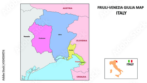 Friuli Venezia Giulia Map. State and district map of Friuli Venezia Giulia. Political map of Friuli Venezia Giulia with neighboring countries and borders.