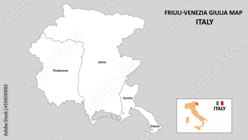 Friuli Venezia Giulia Map. State and district map of Friuli Venezia Giulia. Administrative map of Friuli Venezia Giulia with district and capital in white color.