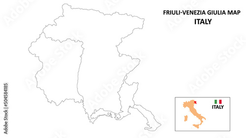 Friuli Venezia Giulia Map. State and district map of Friuli Venezia Giulia. Political map of Friuli Venezia Giulia with outline and black and white design.