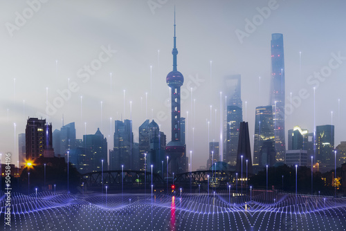 Smart city and abstract dot point connect with gradient line and aesthetic Intricate wave line design big data connection technology concept .