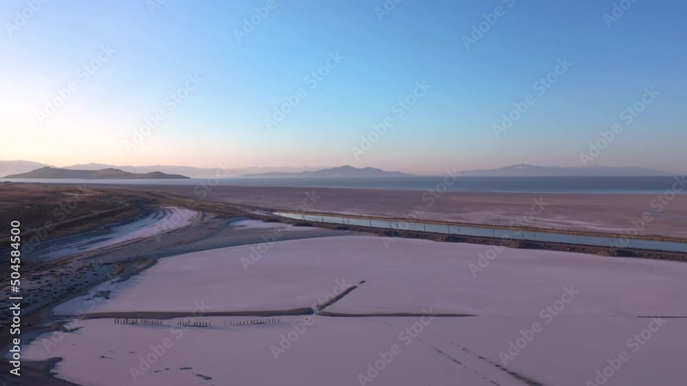 Surreal landscape in Northern Utah, aerial view of pink salt lake