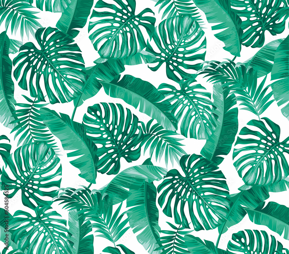 Fototapeta premium Seamless pattern with tropical palm leaves. Realistic style. Foliage summer background. Vector illustration.
