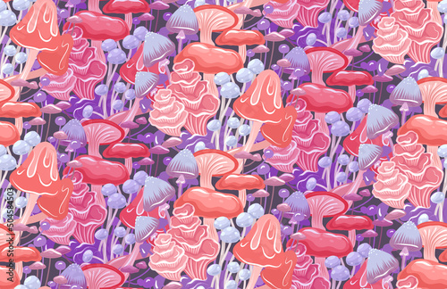 Magic seamless pattern with tight psychedelic mushrooms on dark violet. Vector texture with tangled hallucinogen neon fungus for wallpaper.