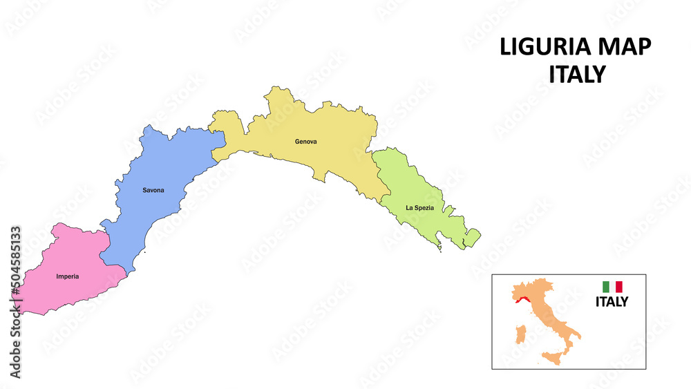 Liguria Map. District map of Liguria in District map of Liguria in color with capital.