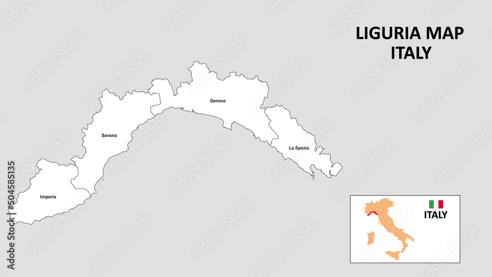 Liguria Map. State and district map of Liguria. Administrative map of Liguria with district and capital in white color.