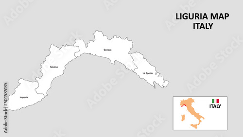 Liguria Map. State and district map of Liguria. Administrative map of Liguria with district and capital in white color.