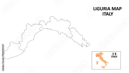 Liguria Map. State and district map of Liguria. Political map of Liguria with outline and black and white design.