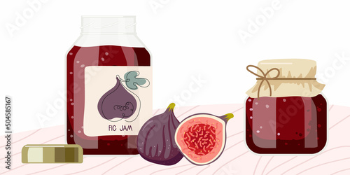 Fig jam in glass jars with label and fresh fig on table. Canned fig fruits. Jam in jars. Homemade preparations and canning. Fruit conservation. Farmer Market Branding. Organic food template.