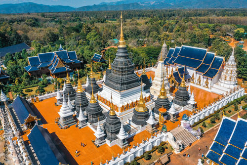 Aerial view of Wat Ban Den or Wat Banden complex temple in Mae Taeng District, Chiang Mai, Thailand