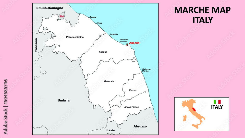 Marche Map. Political map of Marche with boundaries in white color. Marche Map. Political map of Marche with boundaries in white color.