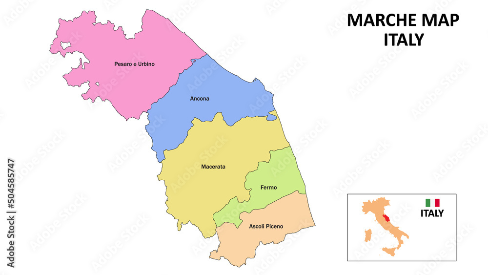 Marche Map. District map of Marche in District map of Marche in color with capital.