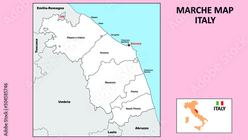 Marche Map. Political map of Marche with boundaries in white color.