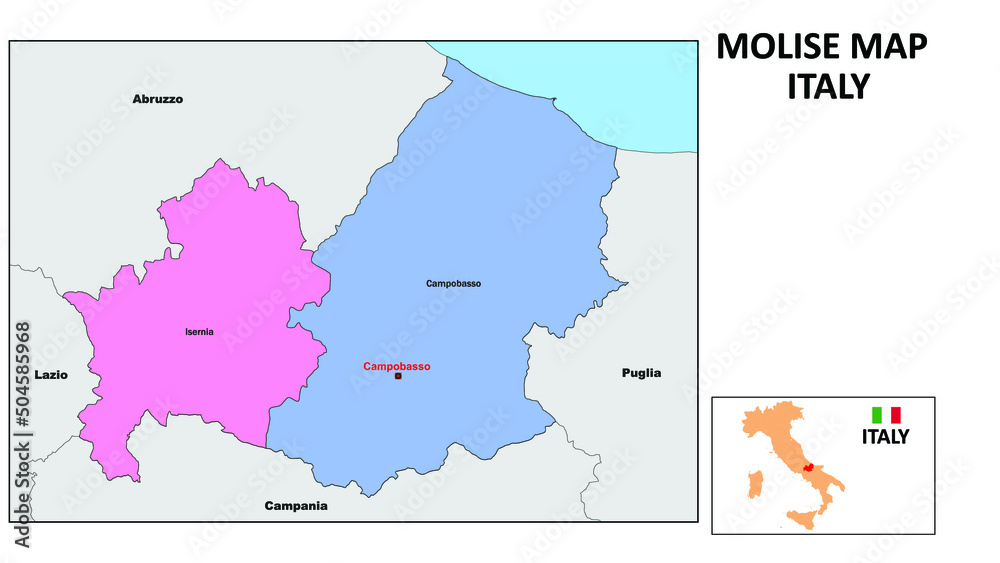 Molise Map. State and district map of Molise. Political map of Molise with neighboring countries and borders.