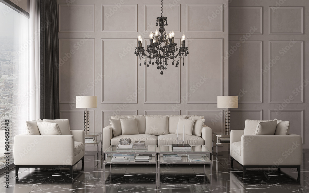Fototapeta premium 3d illustration. Stylish classic living room in black and white with black marble floor and white furniture. Large classical chandelier. 3d rendering