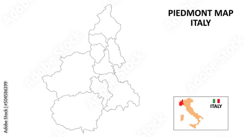 Piedmont Map. State and district map of Piedmont. Political map of Piedmont with outline and black and white design.
