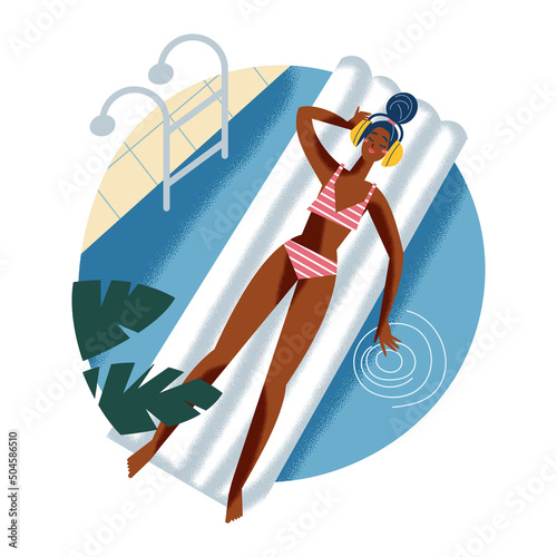 Pool party and leisure in hotel, view from above of woman floating on inflatable mattress