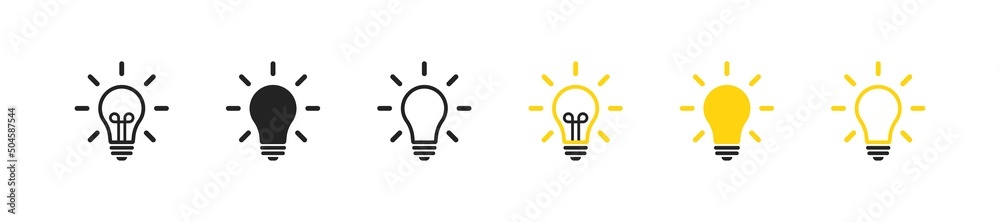 Set of Light bulb icons. Yellow flat bulb icon on white background. Simple line lamp drawing. Set of Light bulb icons. Yellow flat bulb icon on white background. Simple line lamp drawing.