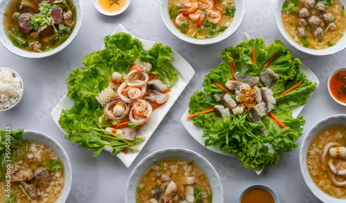 Thai Style Boiled Rice Soups wtih Fresh Seafood and Pork