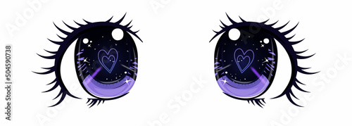 Eyes with space and hearts in anime style. Print for T-shirts. Vector illustration.